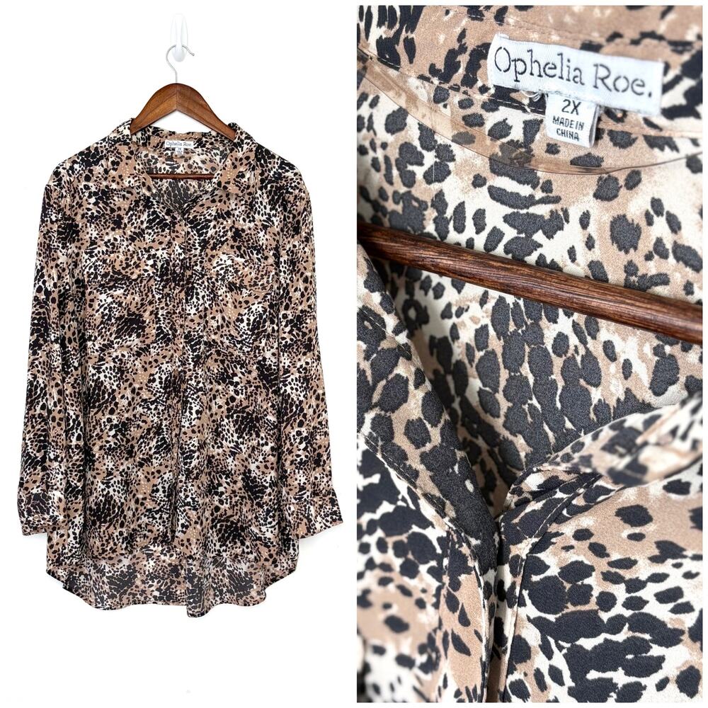 Ophelia Roe Leopard Button Up Blouse Women 2X High Low Tunic Animal Print